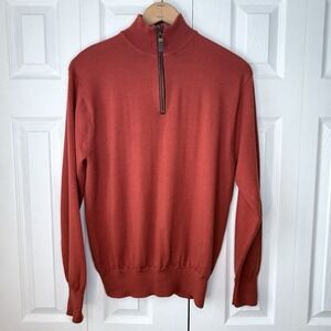 Orvis Sweater Mens MEDIUM Red 100%-Merino Wool Pullover 1/4 Zip Mock Neck